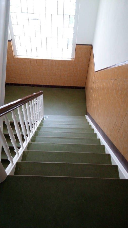 Treppenhaus mit ökologischem Linoleumbelag — Blick von oben herab auf den belegten Lauf