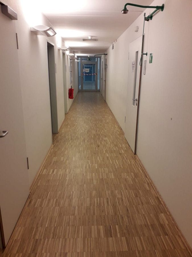 Eiche-Hochkantlamelle geschliffen und lackiert — Flur mit der Türenreihe, Fläche fertig