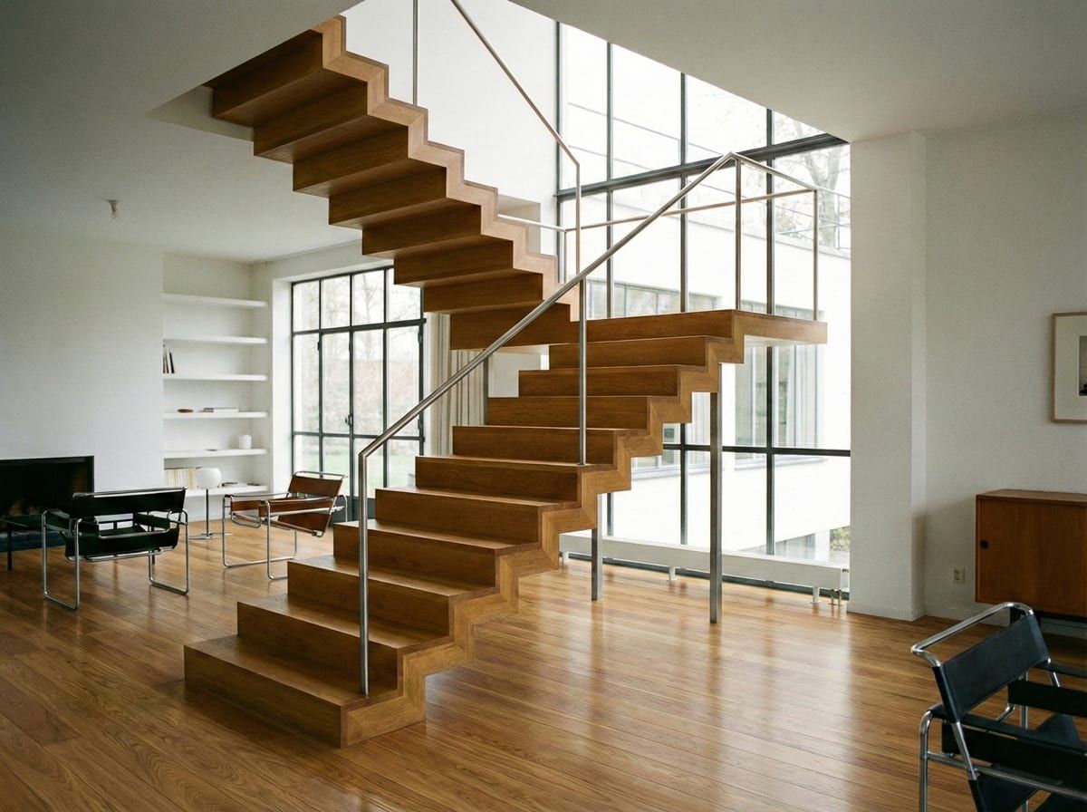Holztreppe passend zum Boden — offene Treppe im lichten Wohnraum, Stufen wie der Dielenboden